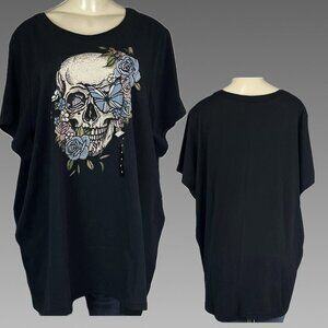 Torrid +5 Black Crew Cotton Floral Butterfly Skull Stud Graphic Short Sleeve Tee